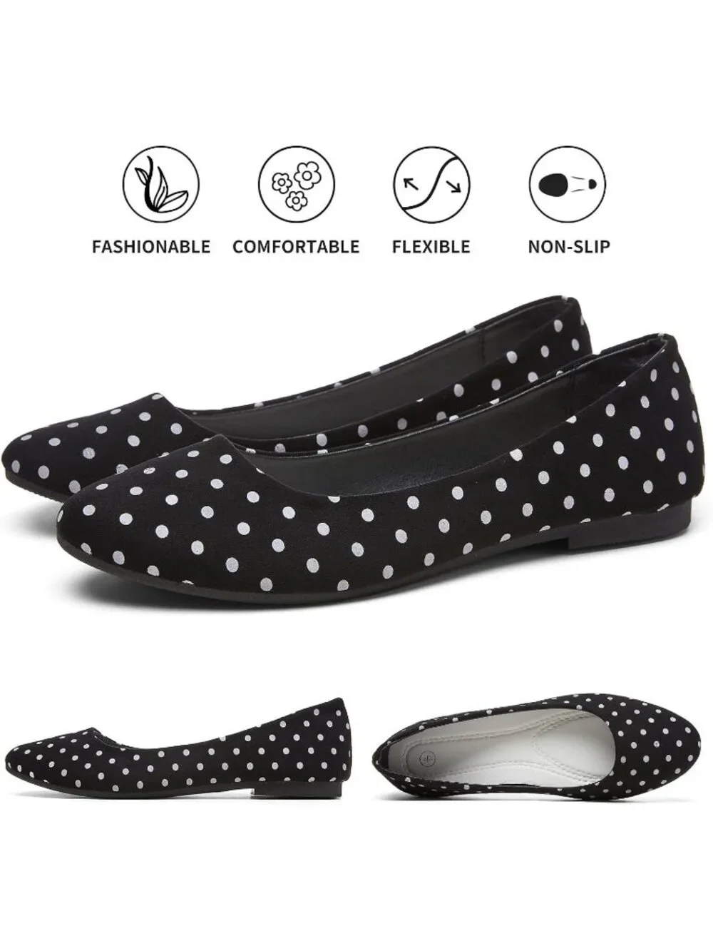 Women's Black Dot PU Leather Closed Toe Comfortable Flexible Slip On Ballet Flat